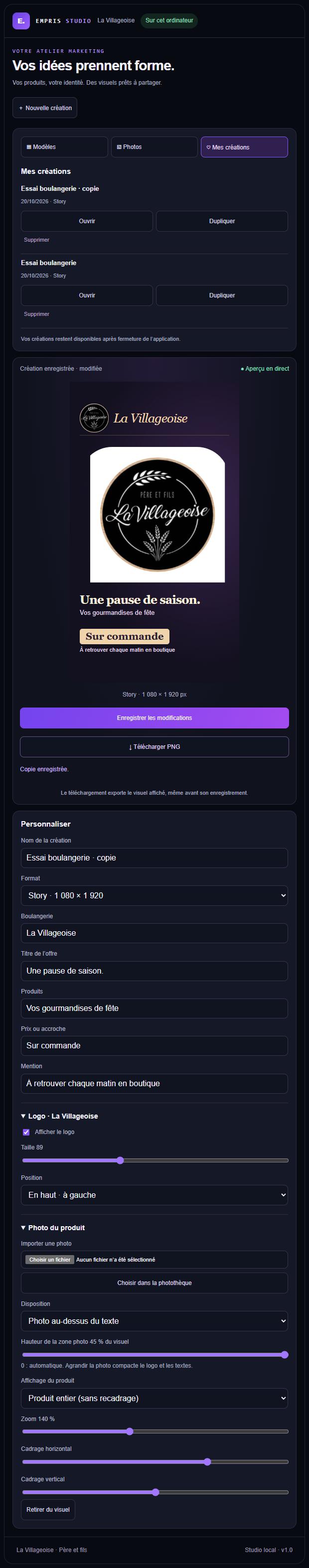 Capture mobile réelle : créations enregistrées avec les boutons Ouvrir et Dupliquer, puis aperçu et réglages